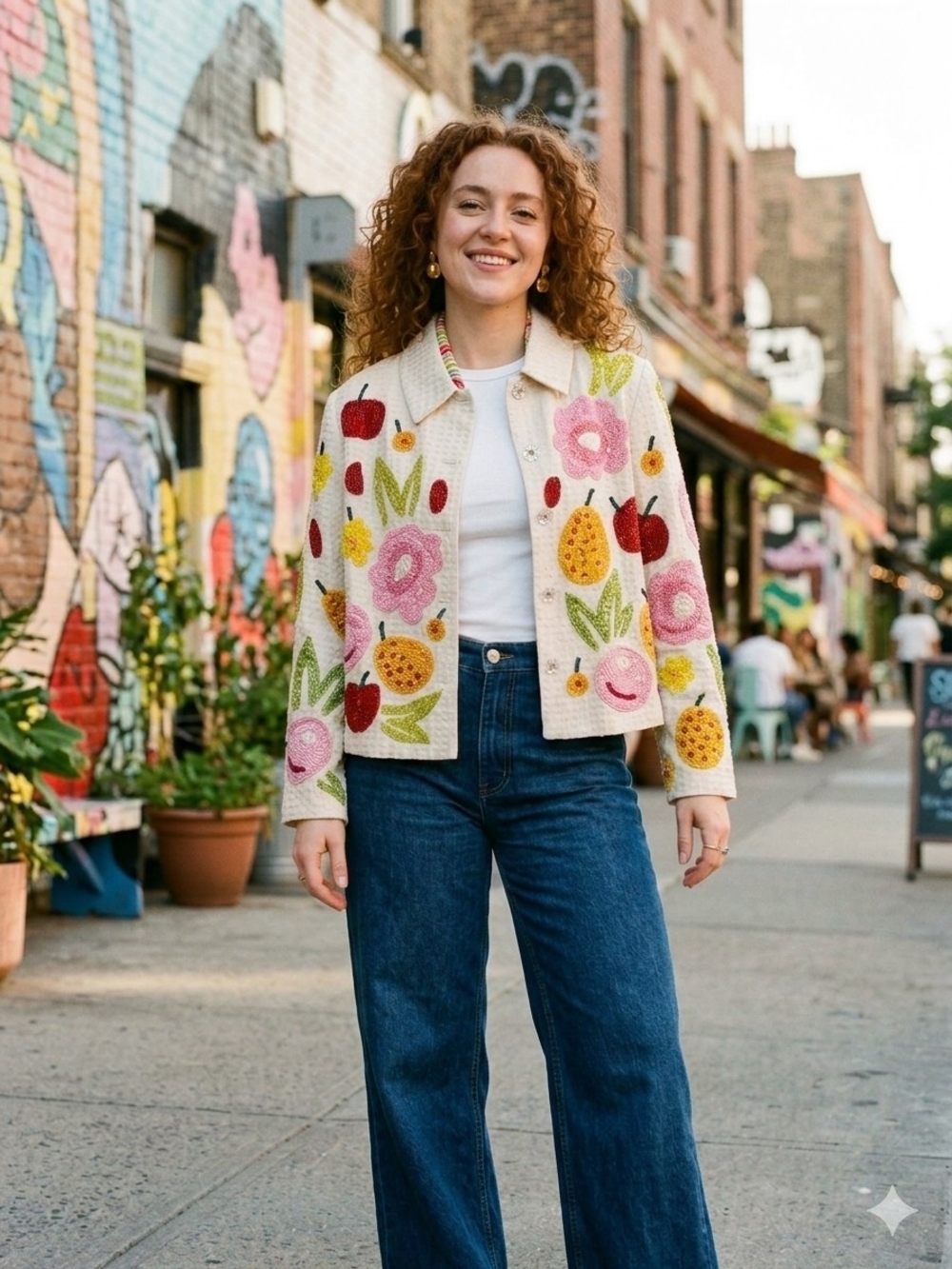 Vintage Anage Fruit Flower Beaded Sequin Jacket Blazer Cream Small Maximalist